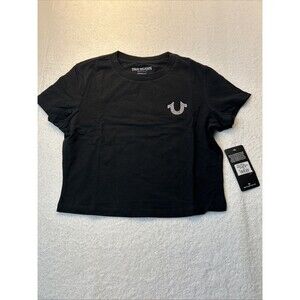 True Religion Jet Black Crystal Butterfly Baby Tee Crop Women SZ M NEW w/Tags